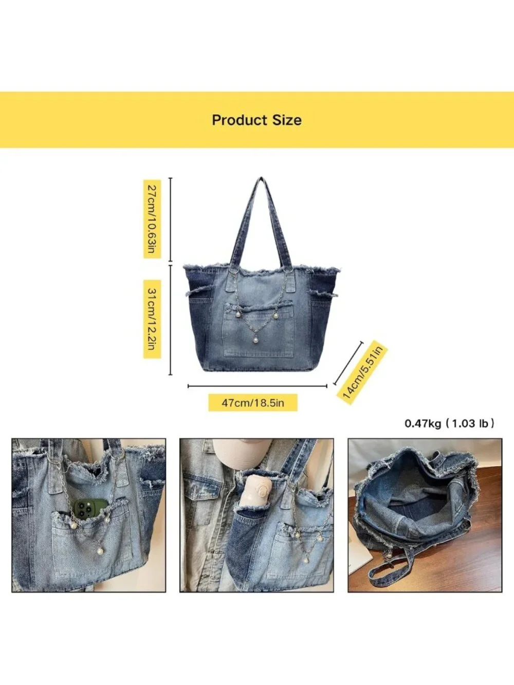 Light Blue Distressed Denim Tote Bag - Large Zippered Canvas Shoulder Handbag
